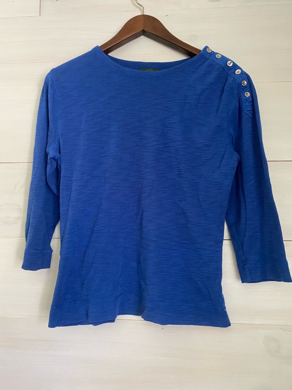 Ralph Lauren LRL Blue Slub Knit Button Shoulder Top 3/4 Sleeve Small Petite